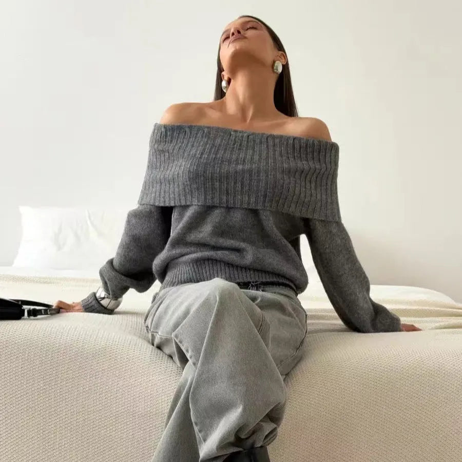 Grey off-the-shoulder sweater with 3D textured pattern and strapless design