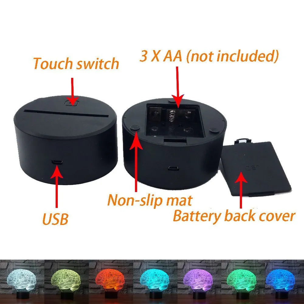 3D brain illusion LED lamp with acrylic plate glowing in multiple colours on a desk