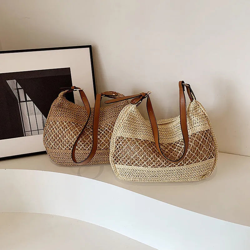 Women's straw cross body bag in horizontal square shape with sandwich pockets, shown in khaki colour