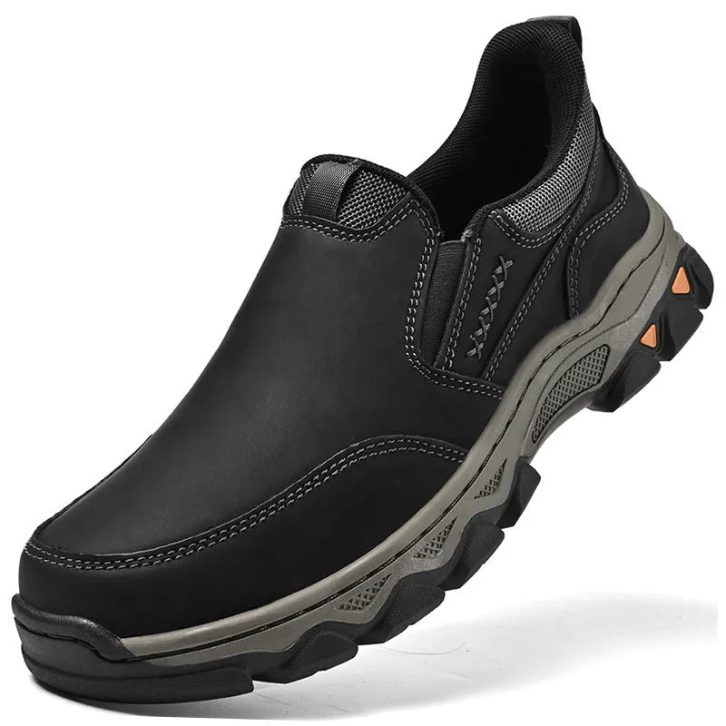 Men's round-toe casual shoes in black, dark brown and grey colours with rubber soles