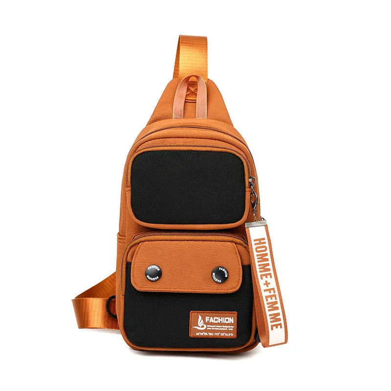 Multifunctional nylon crossbody shoulder bag with letter pattern in beige, black, or light brown for outdoor leisure storage.