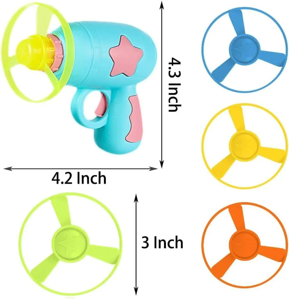 Blue interactive cat toy gun with spinning plastic frisbee for indoor cat play sessions