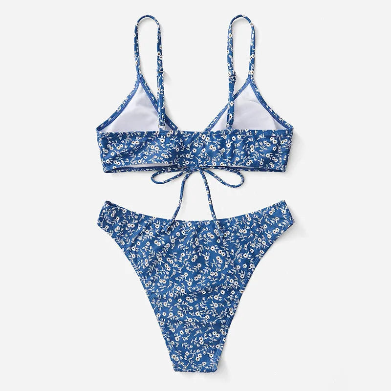 Blue polyester swimsuit three-piece set without a steel ring, showing top and shorts.