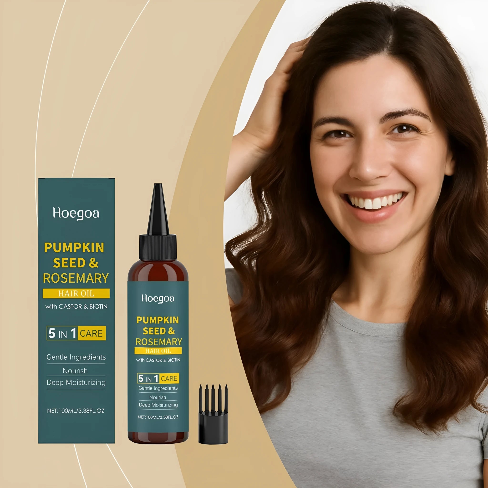 Rosemary essential oil 100ml bottle with pointed applicator nozzle and hair comb for hair care treatment