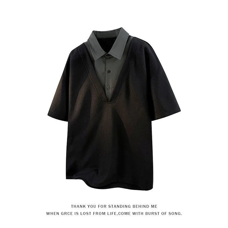 Men's black thin Spandex polo shirt sweater with a Heavy Henry collar and short sleeves.