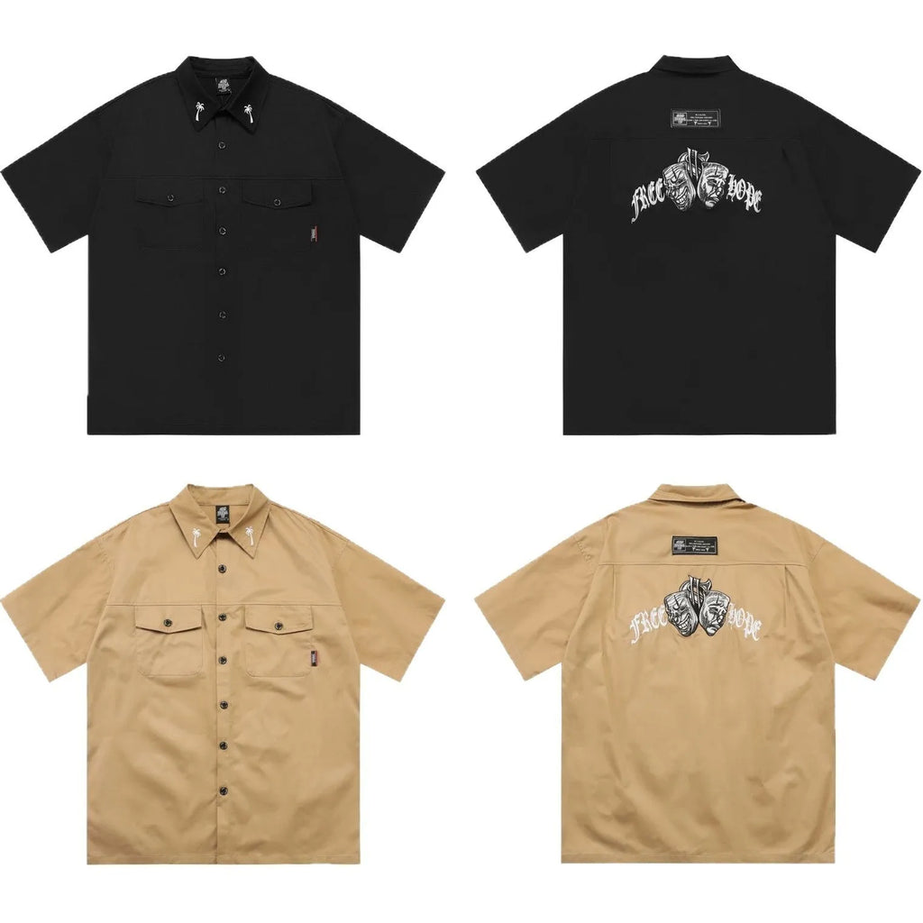 Men's loose fit cotton blend shirt with half sleeves and pockets in black