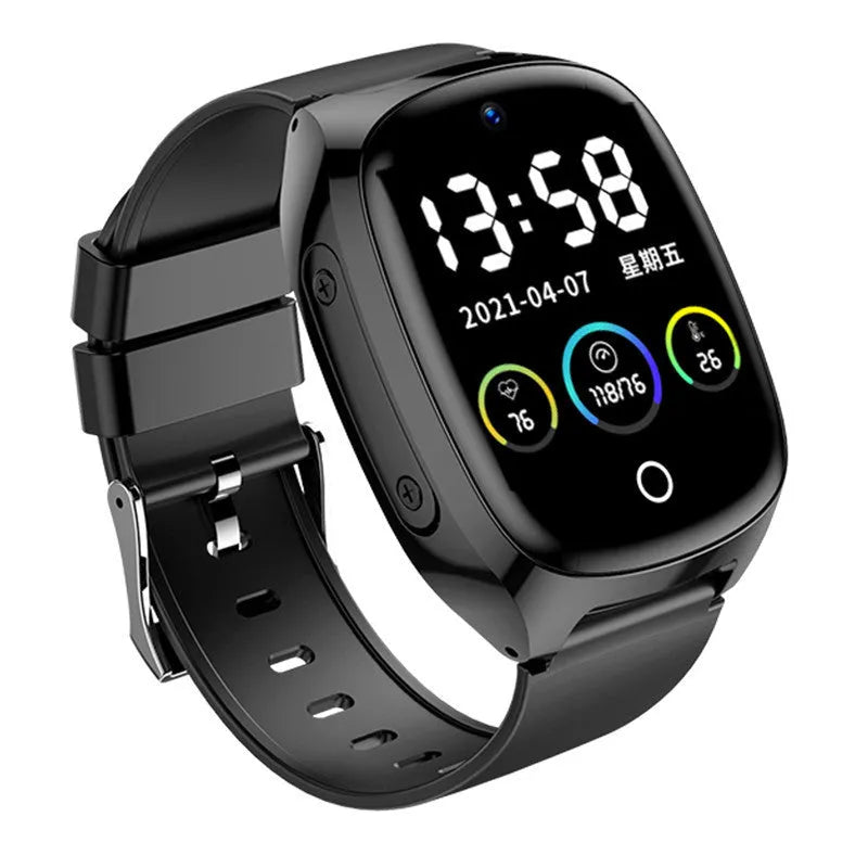 Black GPS tracker smartwatch for children with a touch screen showing a video call interface.