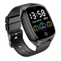 Black GPS tracker smartwatch for children with a touch screen showing a video call interface.