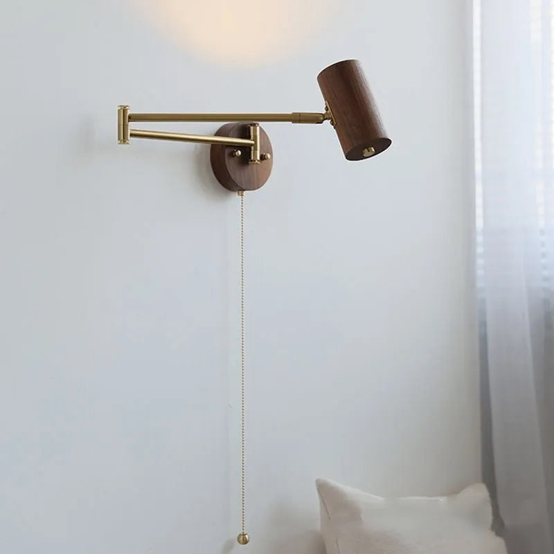 Retro rotating wall lamp with long-arm spot light in walnut colour finish