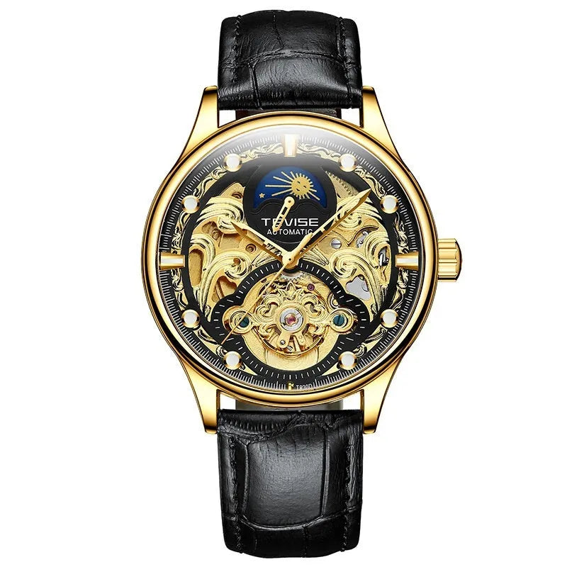 Men's automatic mechanical watch with leather band in gold or white, showing 16mm thickness and business style dial.