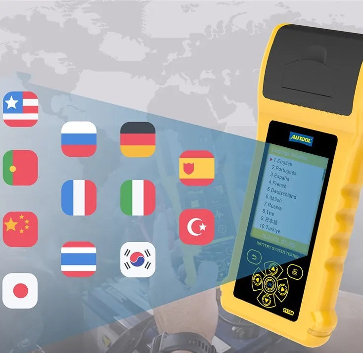 Autool BT760 colour screen vehicle battery tester with red and black clips and built-in thermal printer.