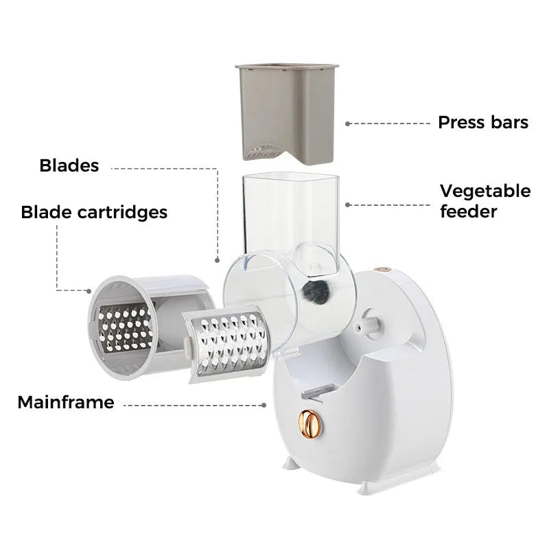 White electric vegetable slicer with rotary grater system and suction base on kitchen counter