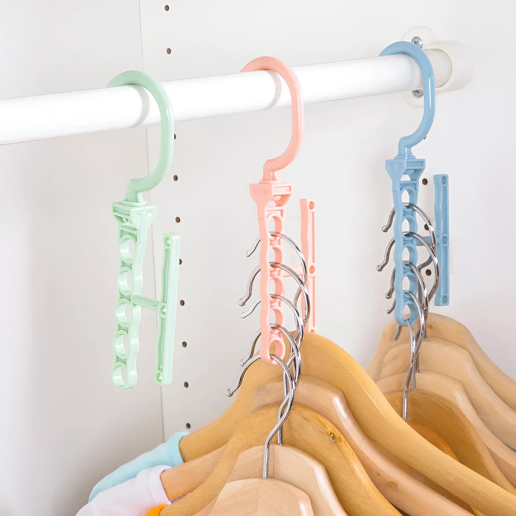 Revolving five-hole wardrobe hanger with handle in blue, green, or pink colour options