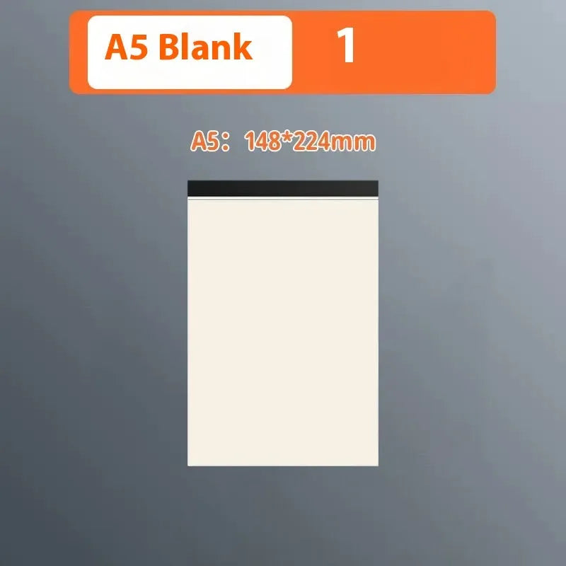 A5, B5 and A4 writing pads with blank, grid and horizontal line rulings showing tearable sheets