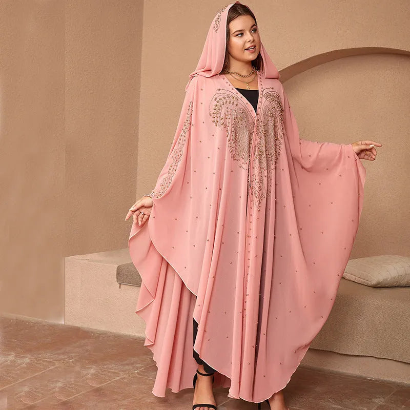Purple Muslim style chiffon shawl with rhinestone beading detail laid flat showing 135-175cm length