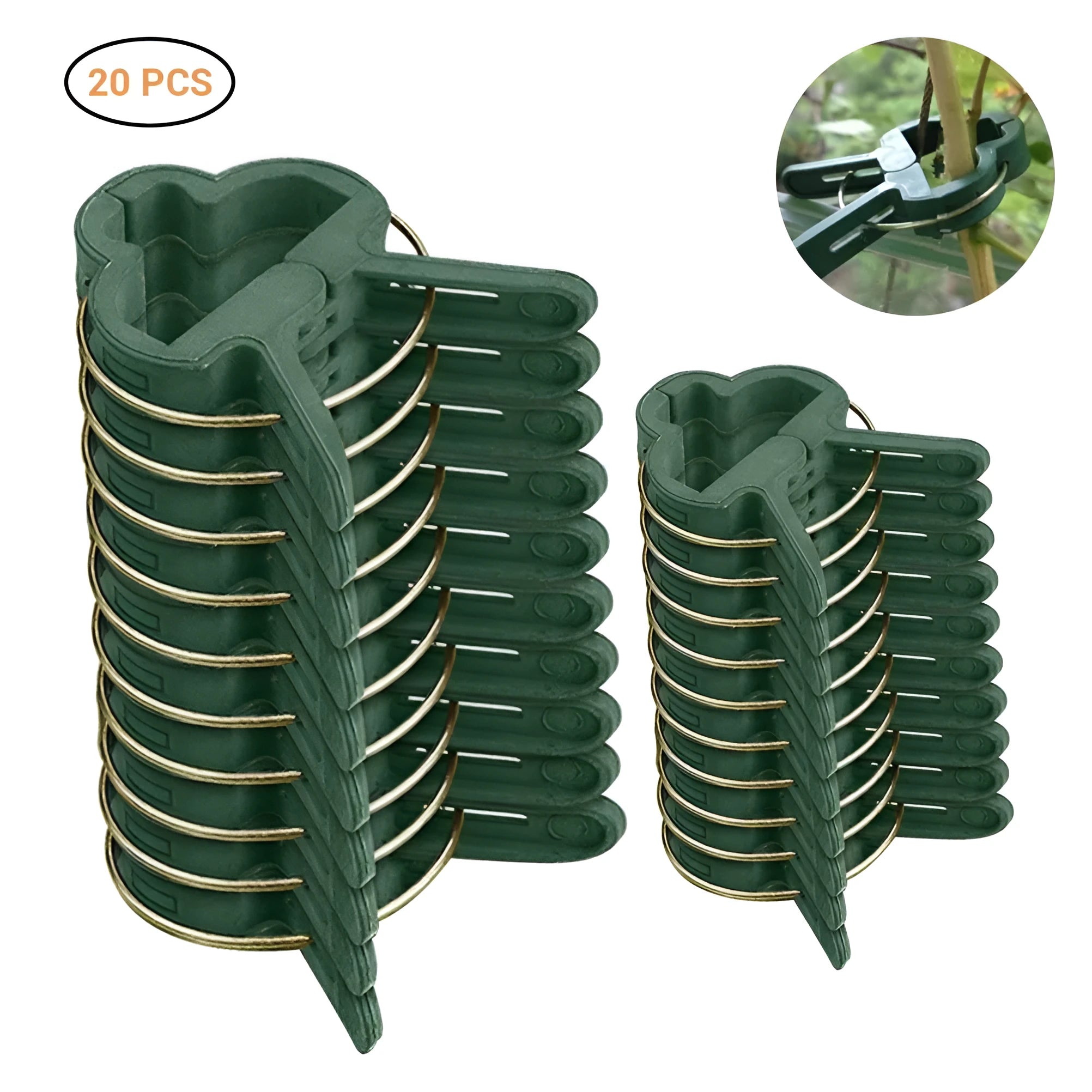 Green plastic and zinc plant fixing clips in large and small sizes for tomatoes and climbing plants
