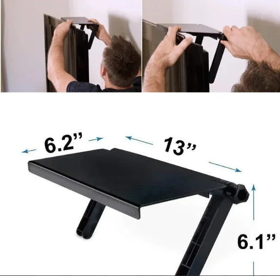 Black adjustable 13-inch screen top shelf mounted above a monitor, holding a streaming device and remote.