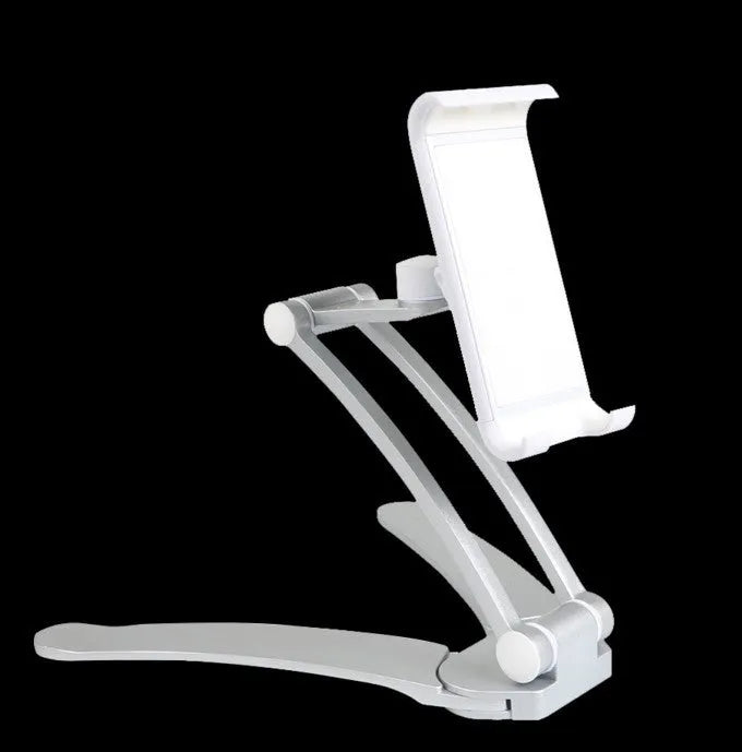 Silver and white aluminum alloy desktop stand holding a tablet at an adjustable angle.
