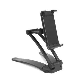 Silver and white aluminum alloy desktop stand holding a tablet at an adjustable angle.