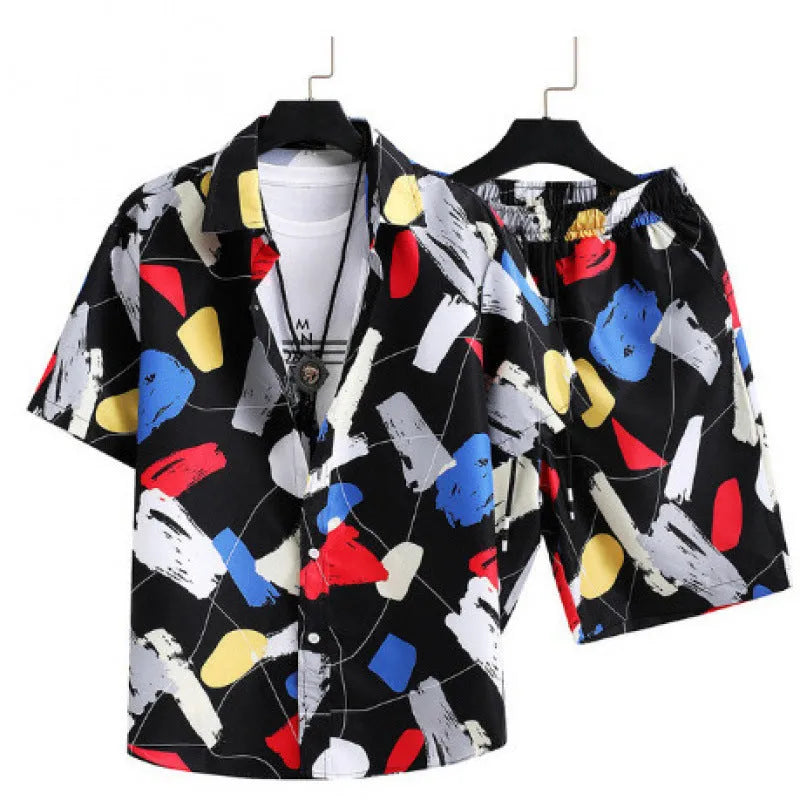 Men's casual suit set with short sleeve cardigan and matching printed shorts in polyester fabric