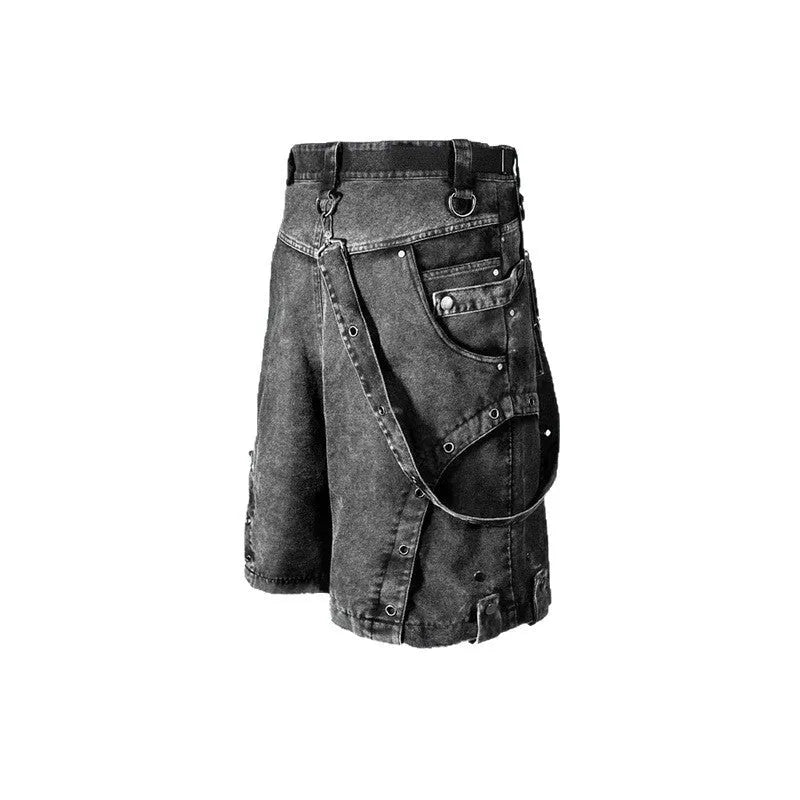 Retro high street loose denim shorts in washed colour on a model.
