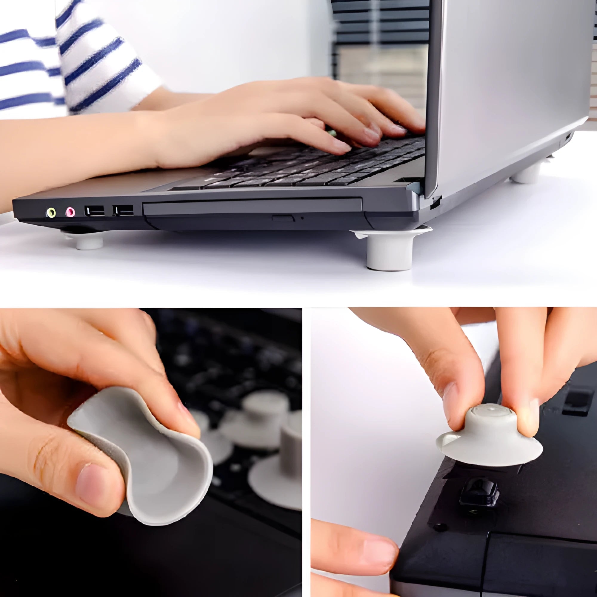 Four grey durable plastic laptop cooling pads in two sizes on a flat surface