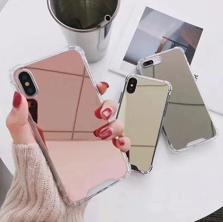 Mirror finish iPhone case in multiple colours showing reflective surface and TPU flexible material