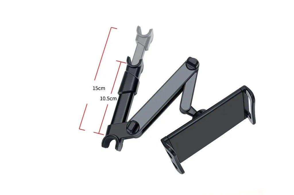 Black plastic universal car phone holder mounted on a car rear seat base.