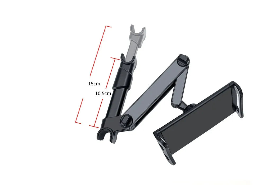 Black plastic universal car phone holder mounted on a car rear seat base.