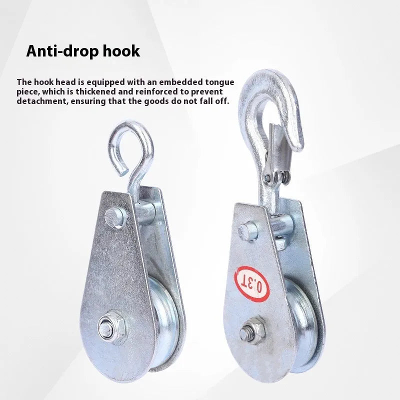 Red industrial lifting pulley with a forged steel hook and safety latch.