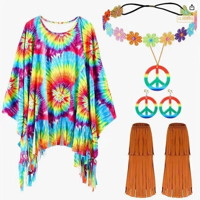 Colourful tie dye cloak costume with bell sleeves for Halloween parties