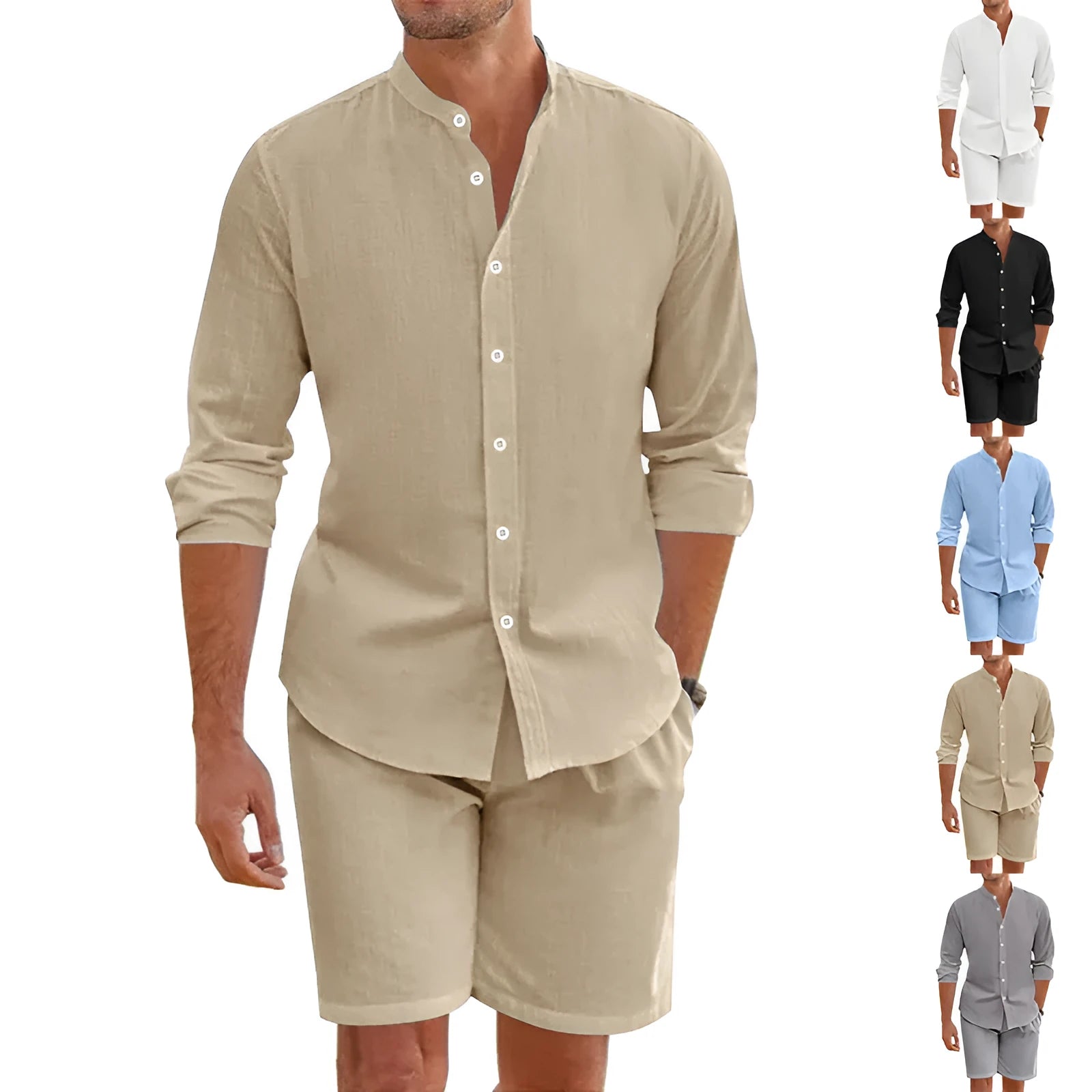 Men's dark grey short sleeve button-down shirt and matching drawstring shorts linen suit set laid flat.