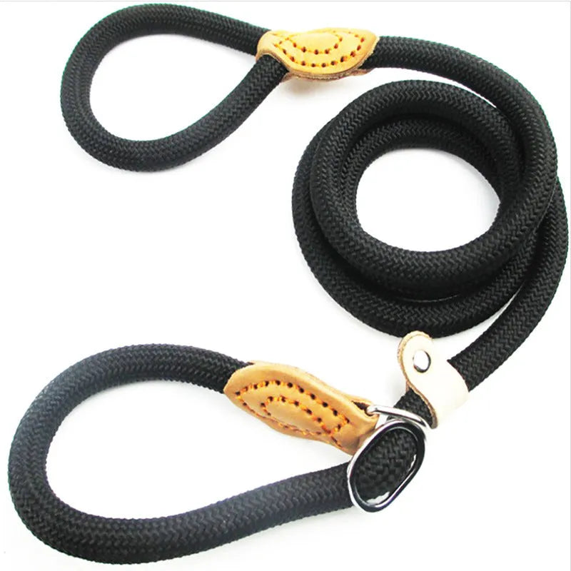 Brown nylon dog leash with P chain hand grip measuring 2.1 metres long