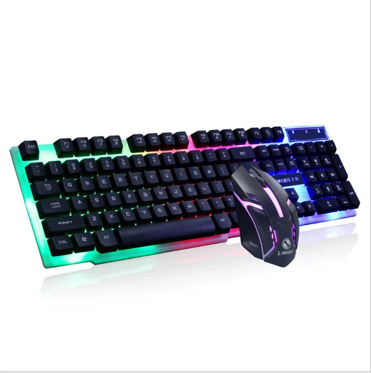 Limei GTX300 USB wired gaming keyboard and mouse set with RGB backlight on black keyboard