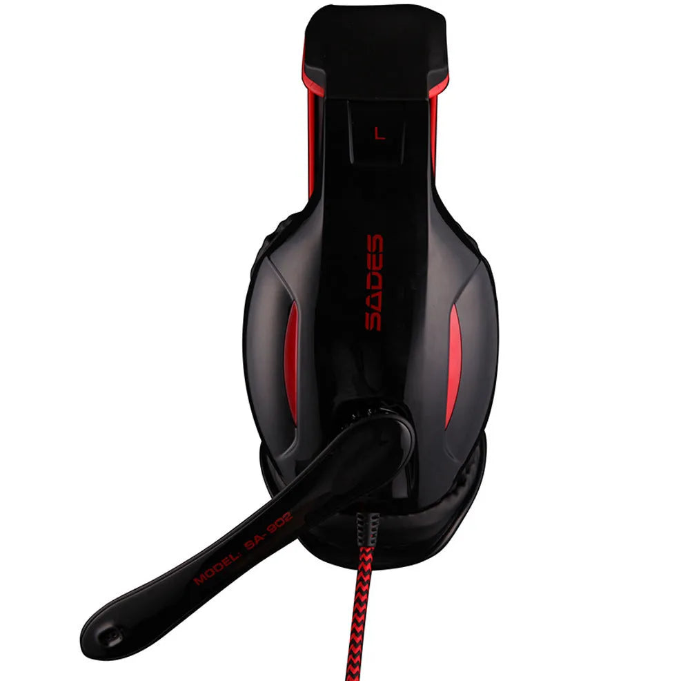 Black SADES SA902 gaming headset with USB plug, RGB lights, and adjustable microphone