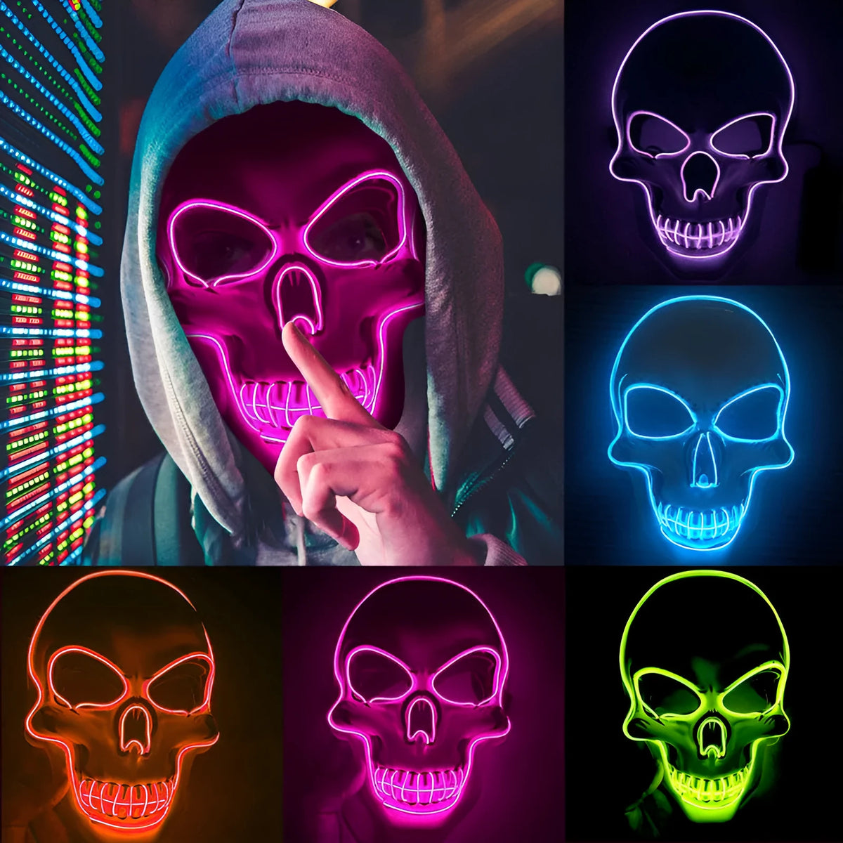 LED skeleton mask in plastic, 23 x 18cm, with four light modes and ten colour options for Halloween and parties