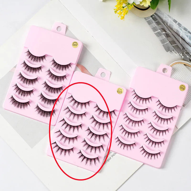 Five pairs of wispy manga-style false eyelashes on a plastic black terrier base for cosplay.