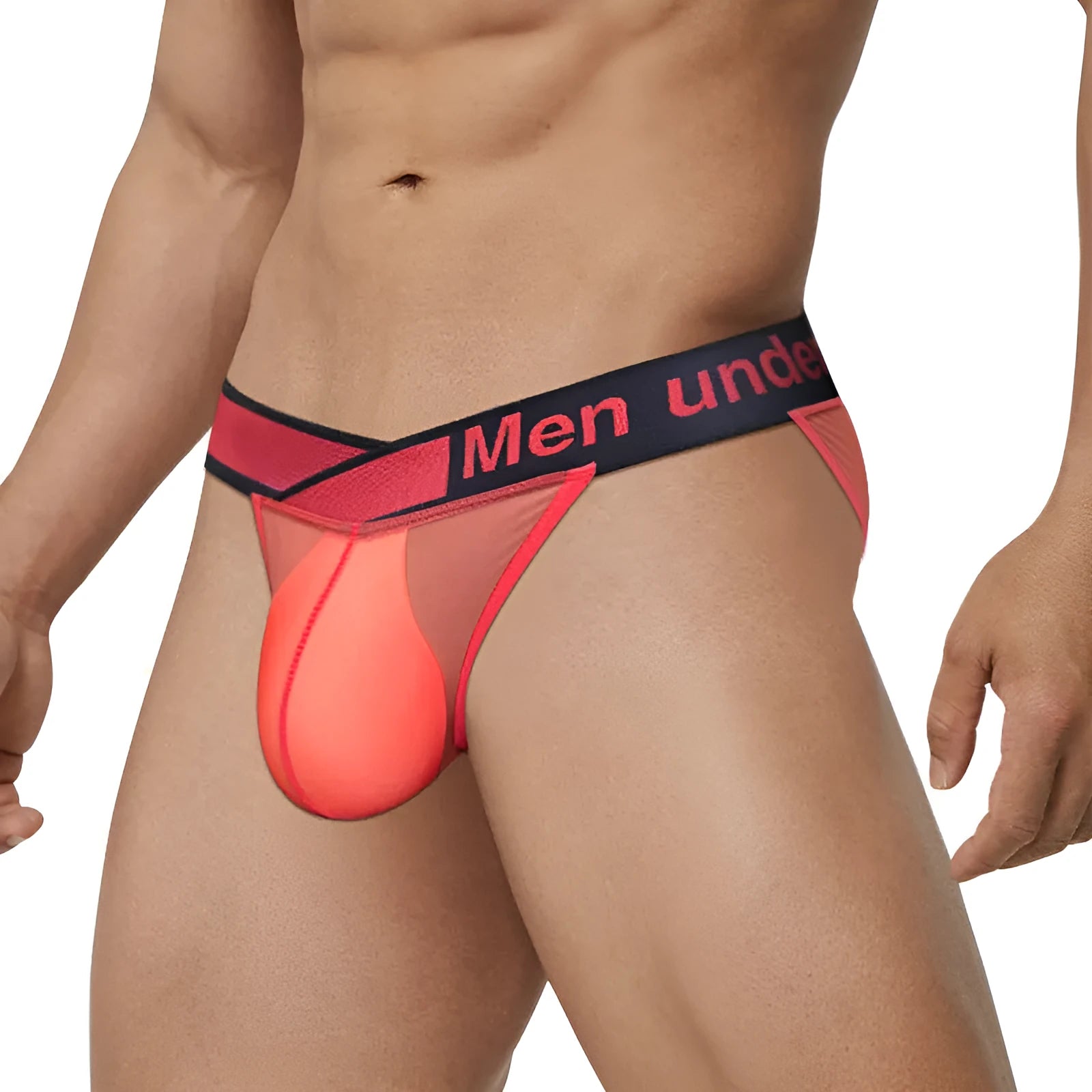 Men's transparent ice silk briefs with a large V-gradient cut and high fork design in red, black, or white.