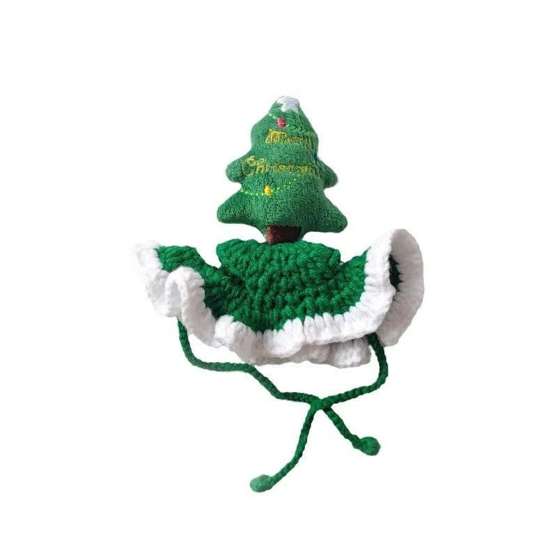 Hand-crocheted Christmas tree pet head cover for cats and small dogs, 18x16cm with 21cm rope
