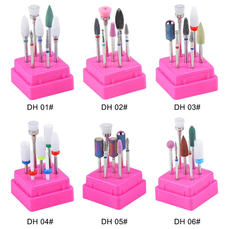Tungsten steel nail drill bit set with six different bits and a brush in a clear case.