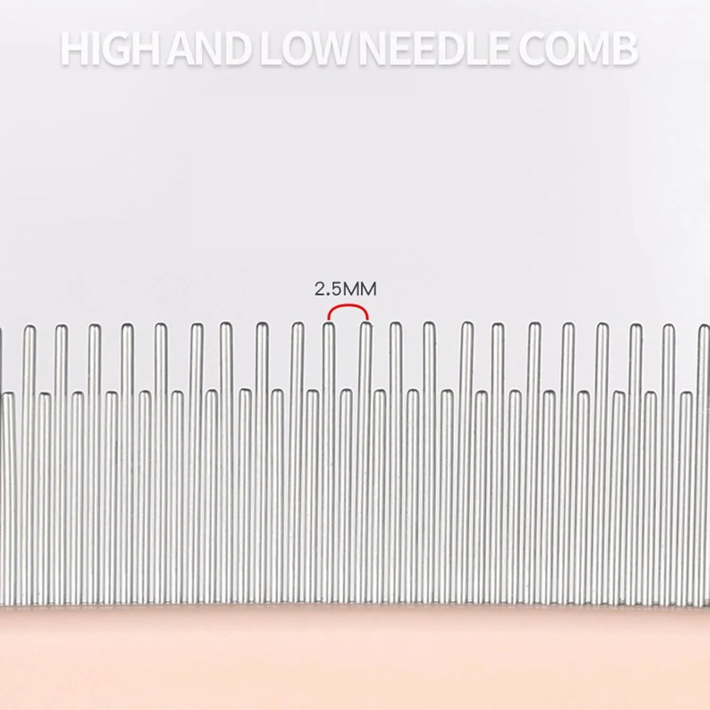 Blue pet detangler comb showing three different tooth patterns and rubber handle