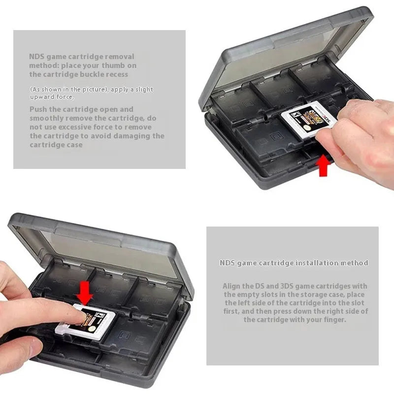 NDS 3DS game card storage box in choice of colours showing compact size and game slot layout