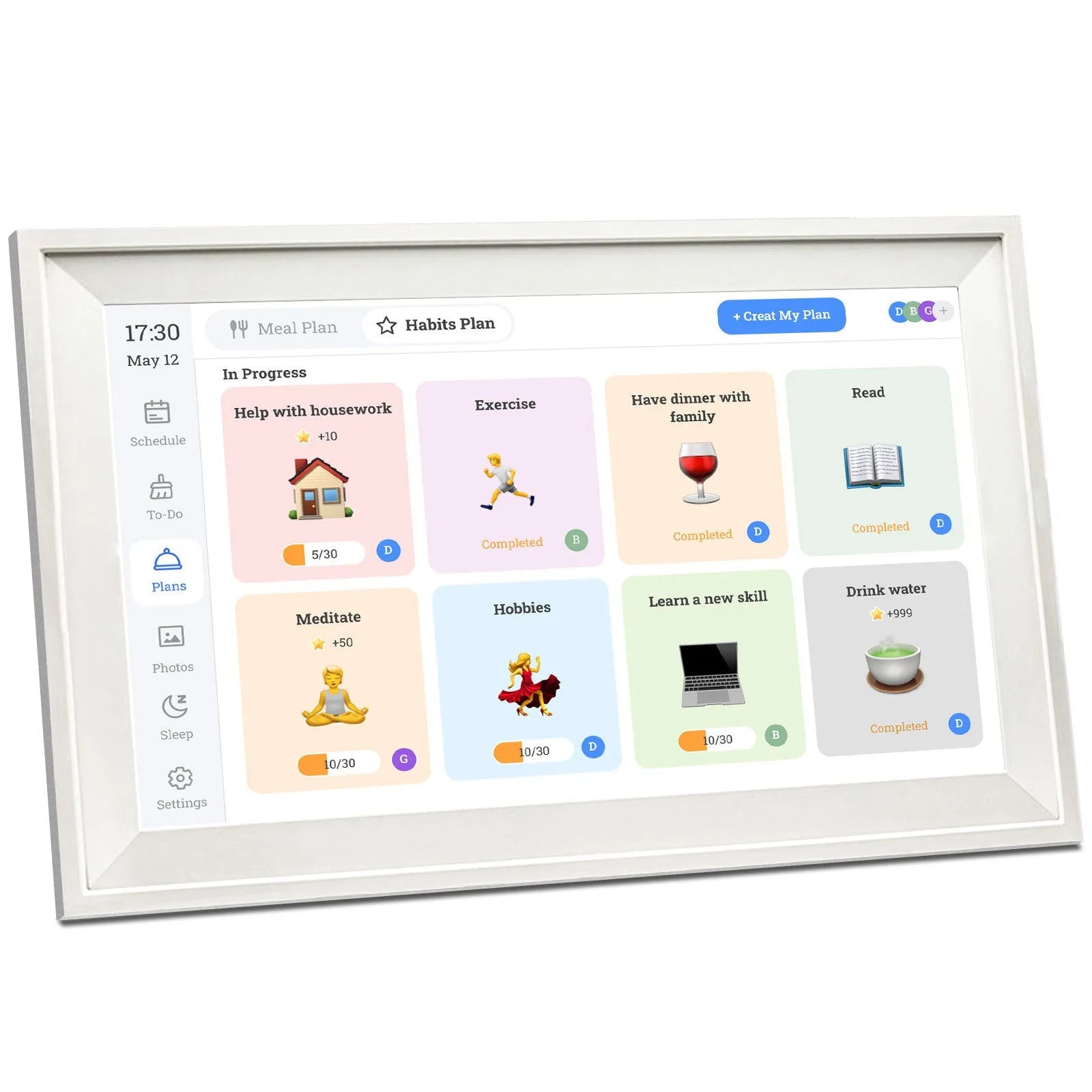 White 15.6 inch smart digital photo frame with app connectivity showing full HD display of family photos