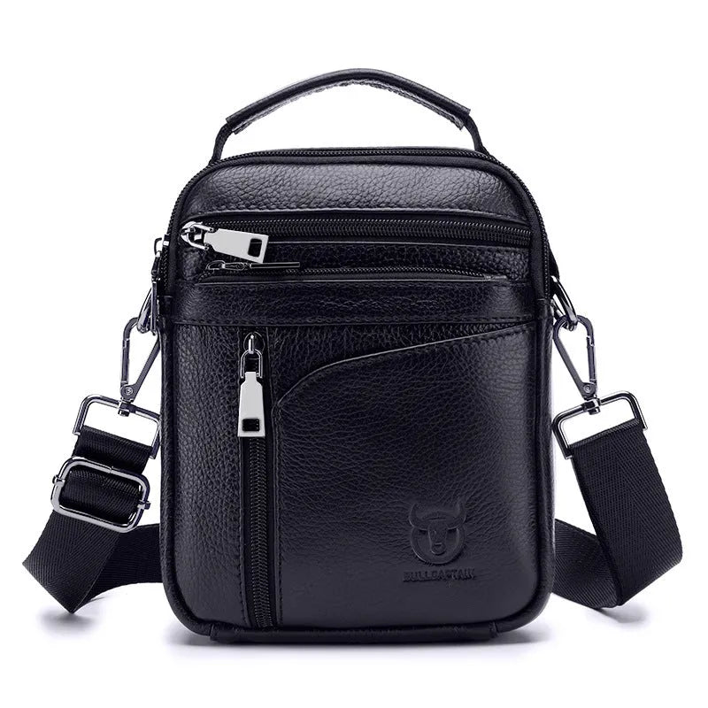Black genuine leather men's shoulder bag with a retro business casual style.