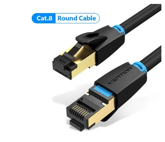 CAT8 shielded Ethernet cable with RJ45 connectors, shown in flat and round styles on a desktop.