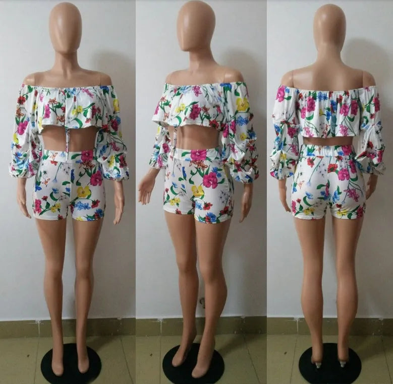 Women's two-piece outfit with digital printing pattern showing long sleeve top with pile sleeves and matching shorts