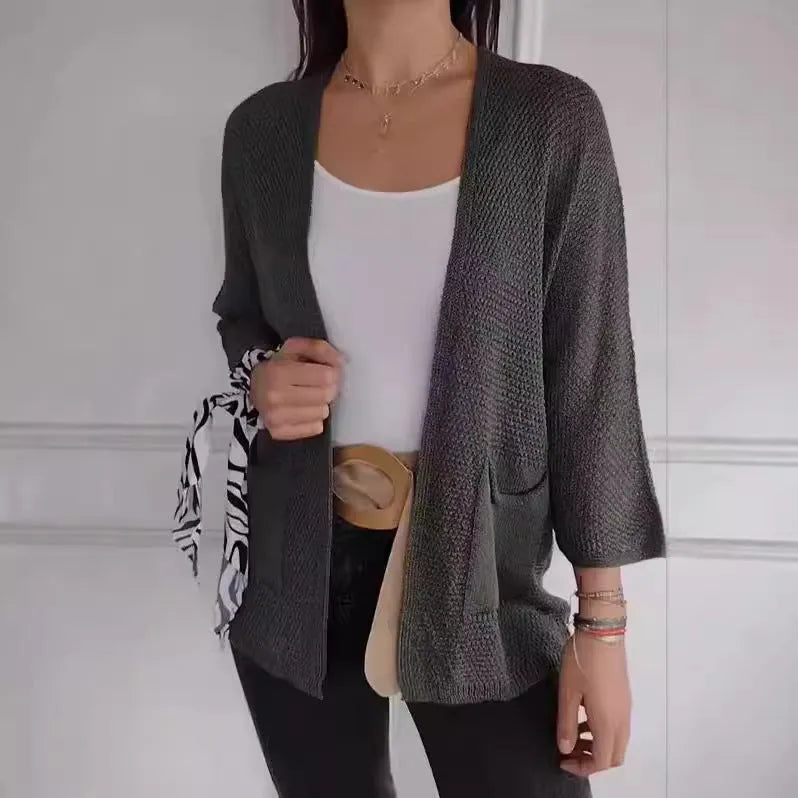Women's waffle texture cardigan coat with nine-quarter sleeves in army green colour