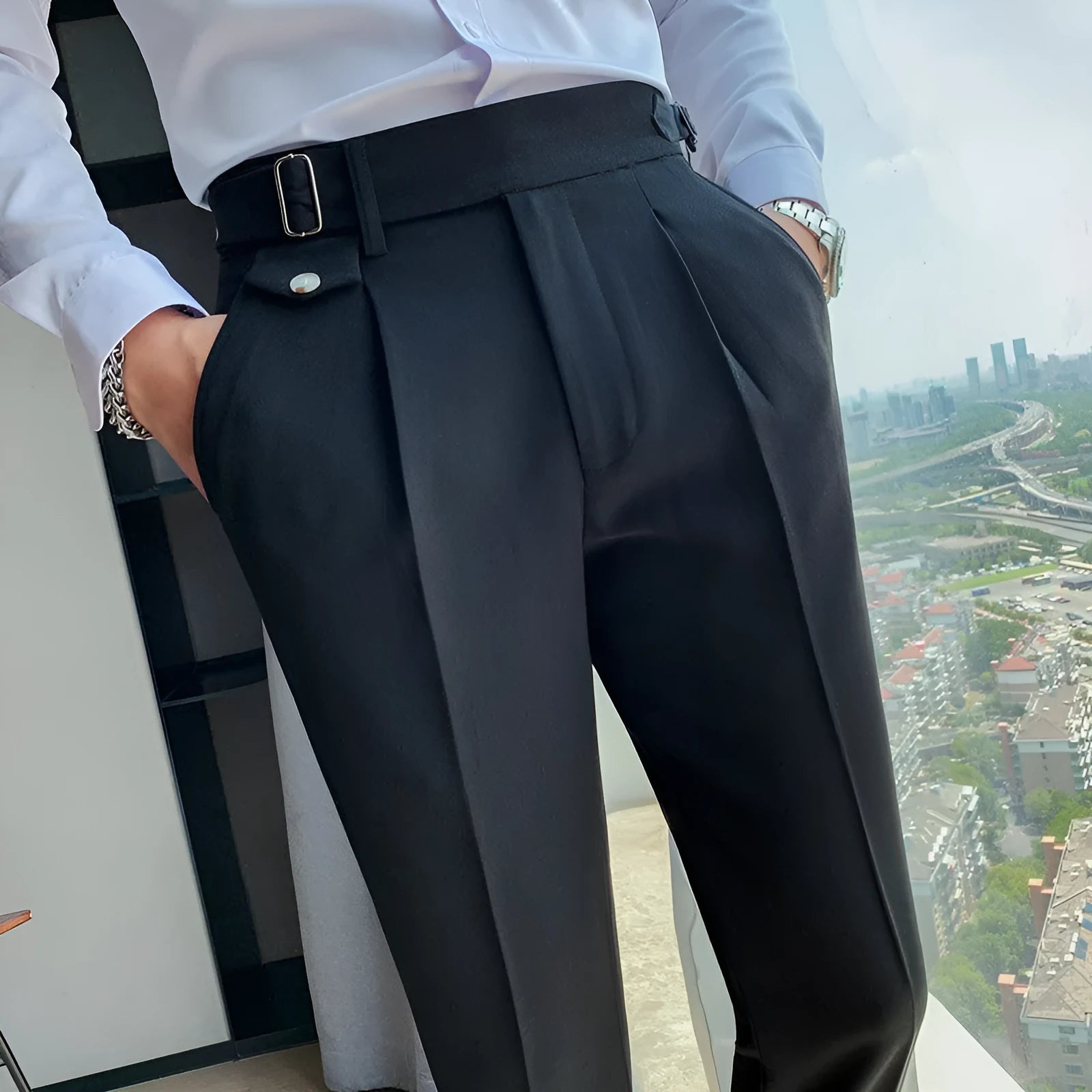 A pair of men's straight-leg casual trousers in a solid colour, laid flat to show the cut and fabric.
