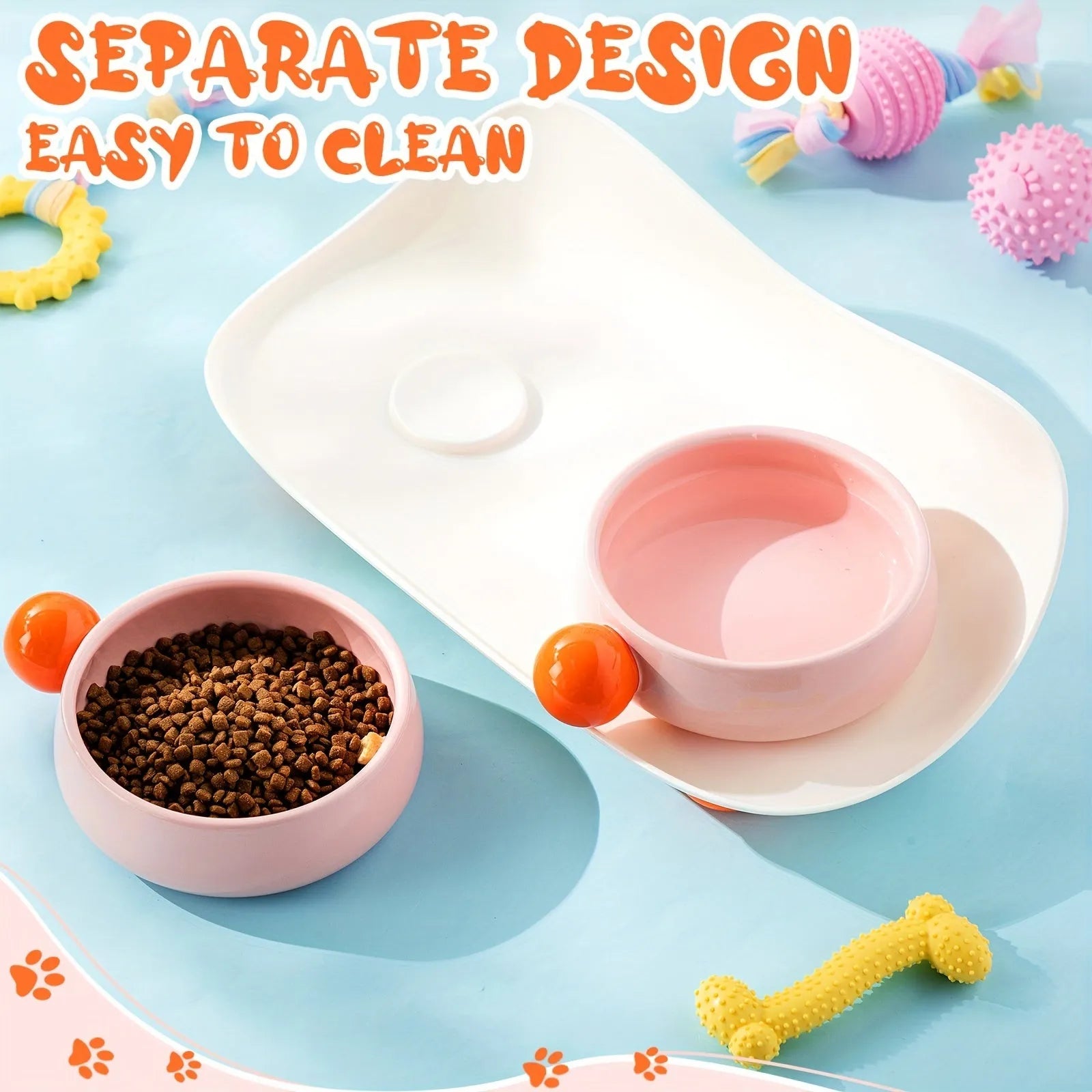 Ceramic double raised feeding bowl set for cats with non-slip support in pink, yellow, or pink yellow colour options