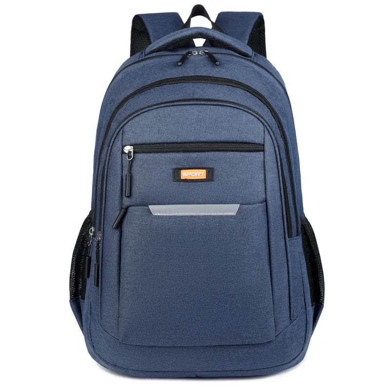 Men's casual oxford cloth backpack shown in available colours: grey, black, green, and blue.